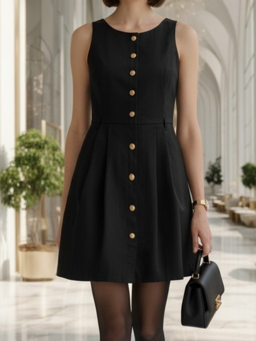 A/X Black Sleeveless Mini Dress with Gold Toned Armani Exchange Metal Buttons